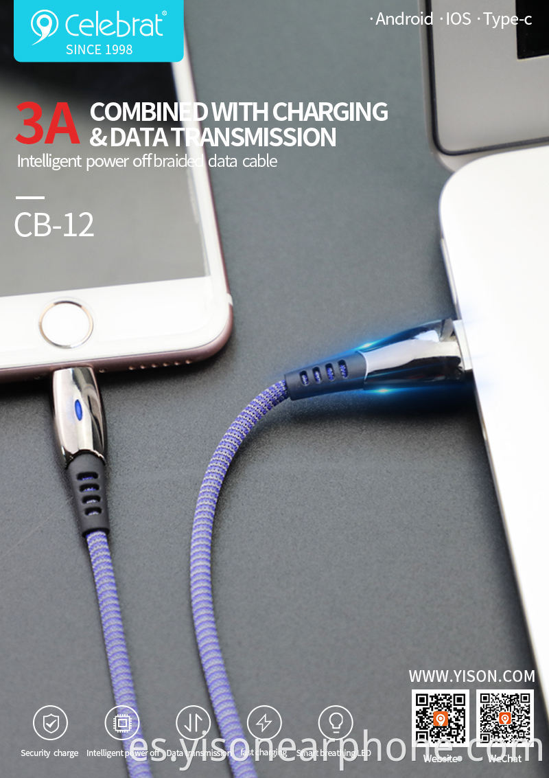 Venta al por mayor de fábrica CB-12T Fabricación de chaqueta de PVC + TPE Cable de carga rápida tipo C USB para Samsung para Huawei